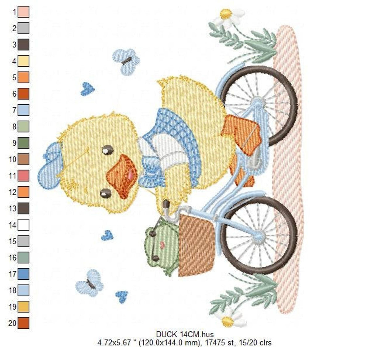 Alternate size view highlighting textured stitching, whimsical animal embroidery design in light yellows and blues