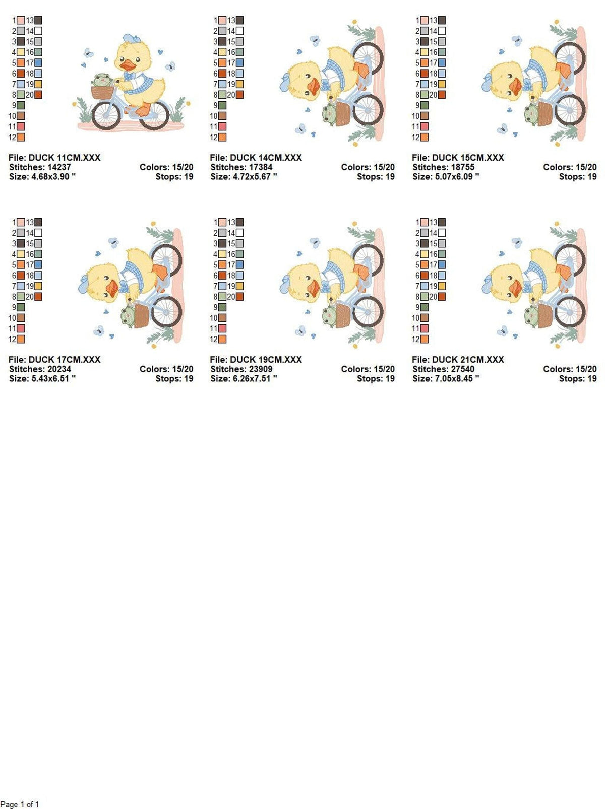 Six-size preview sheet displaying all scaled versions, duck on bicycle embroidery design, digital download options