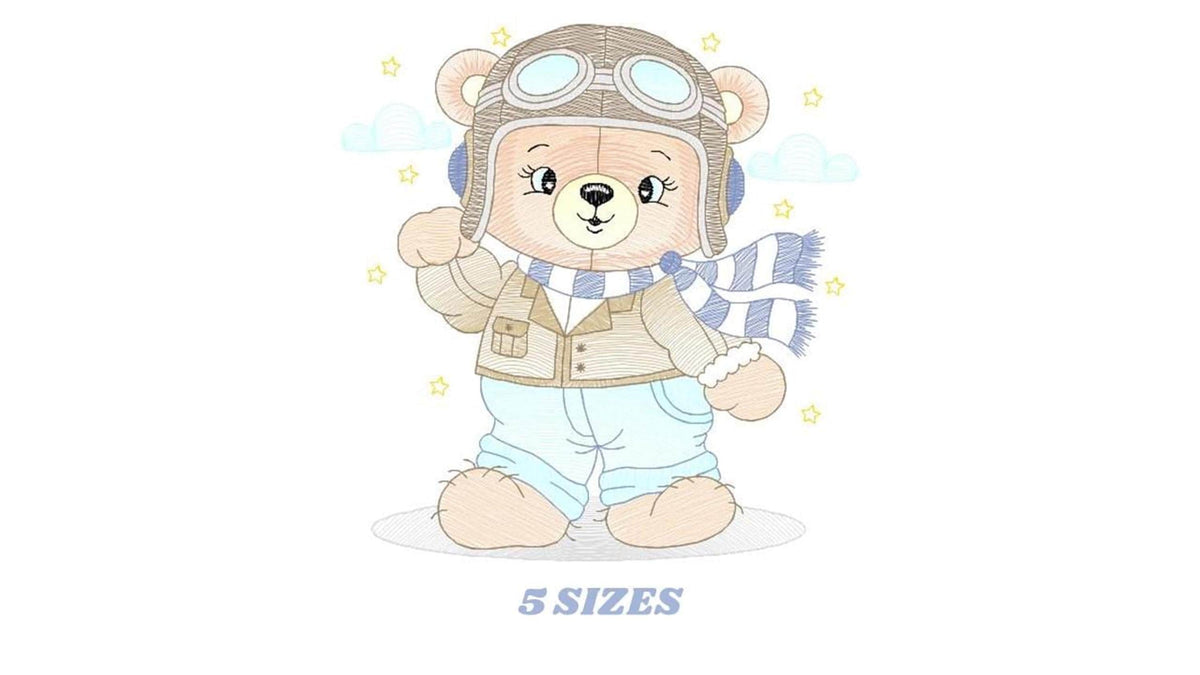 Small preview of pastel pilot bear embroidery design, standing with planes, shows 6 sizes listed