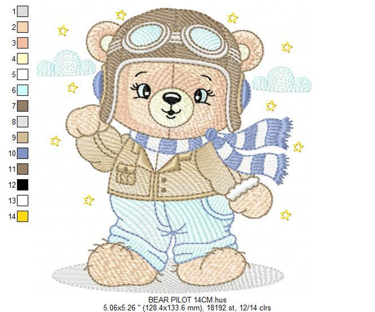 Another size preview of pilot bear embroidery design, color key and hoop dimension markings visible