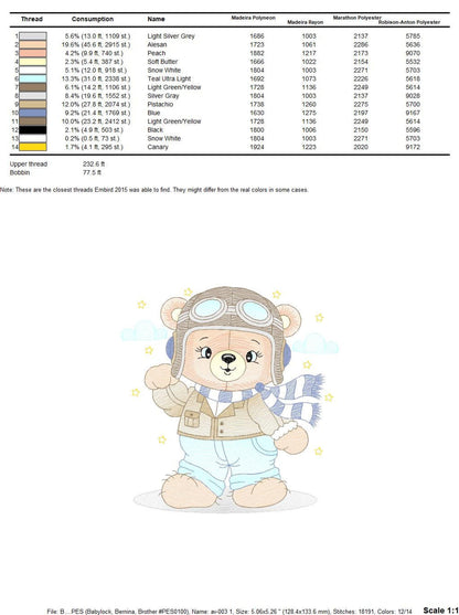 Table of stitch counts and hoop requirements for the pilot bear embroidery design, download file info
