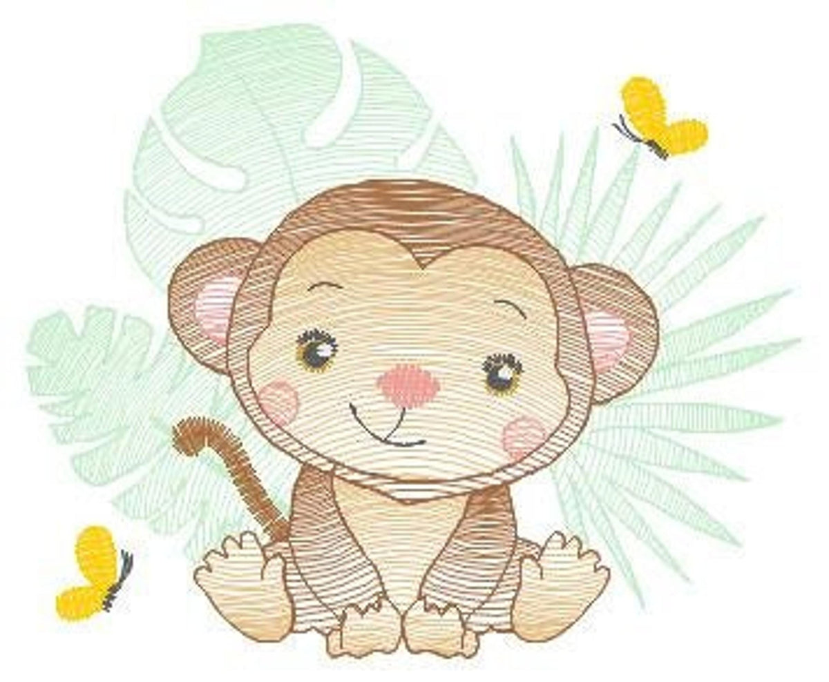 Close up soft sketch baby monkey embroidery design, smiling face, pastel browns and greens, cute monkey vibe
