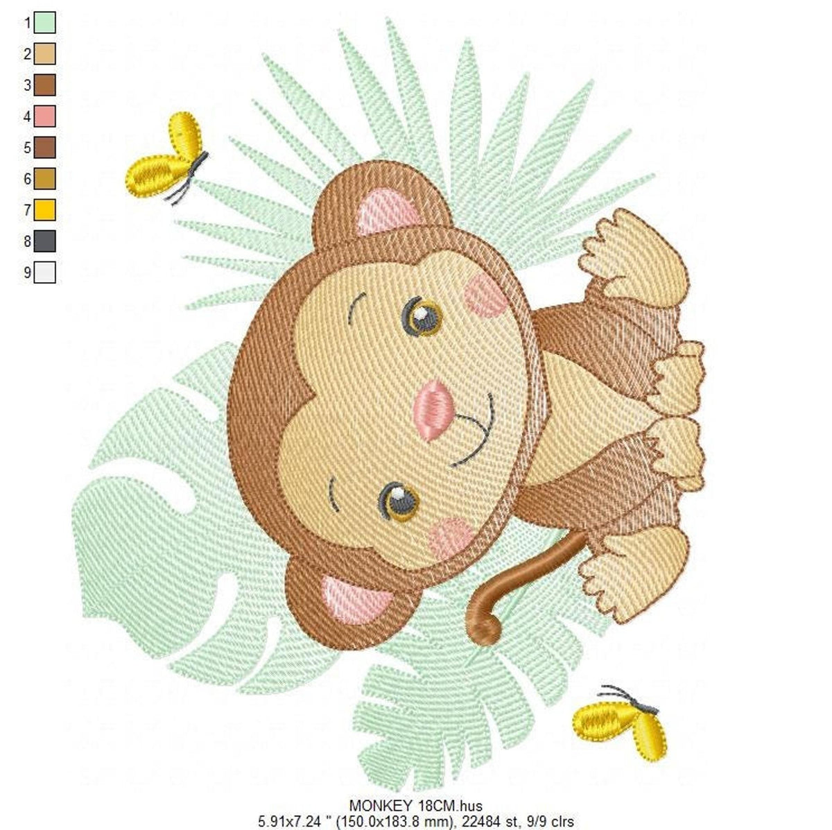 Tilted larger monkey, color key and leaf background, monkey machine embroidery pattern ready for stitching