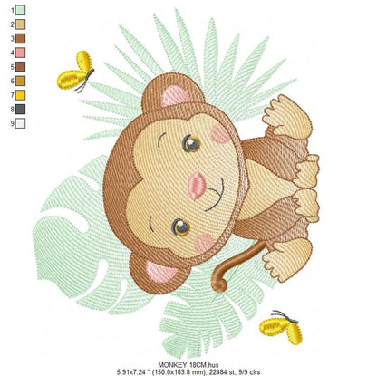 Tilted larger monkey, color key and leaf background, monkey machine embroidery pattern ready for stitching