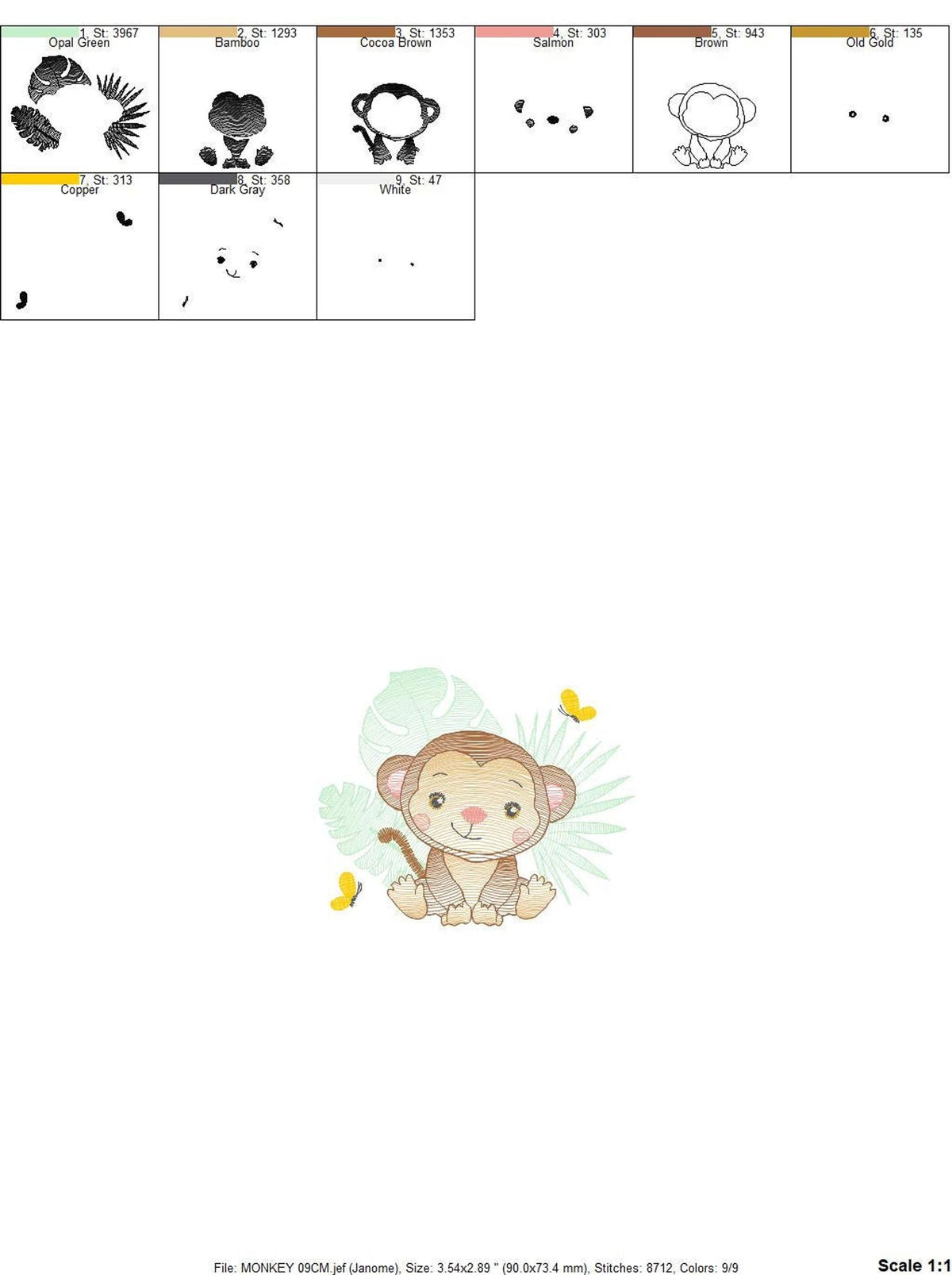 Instruction icons and stitch steps panel, digital download embroidery file contents for cute monkey embroidery design