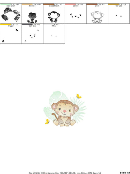 Instruction icons and stitch steps panel, digital download embroidery file contents for cute monkey embroidery design