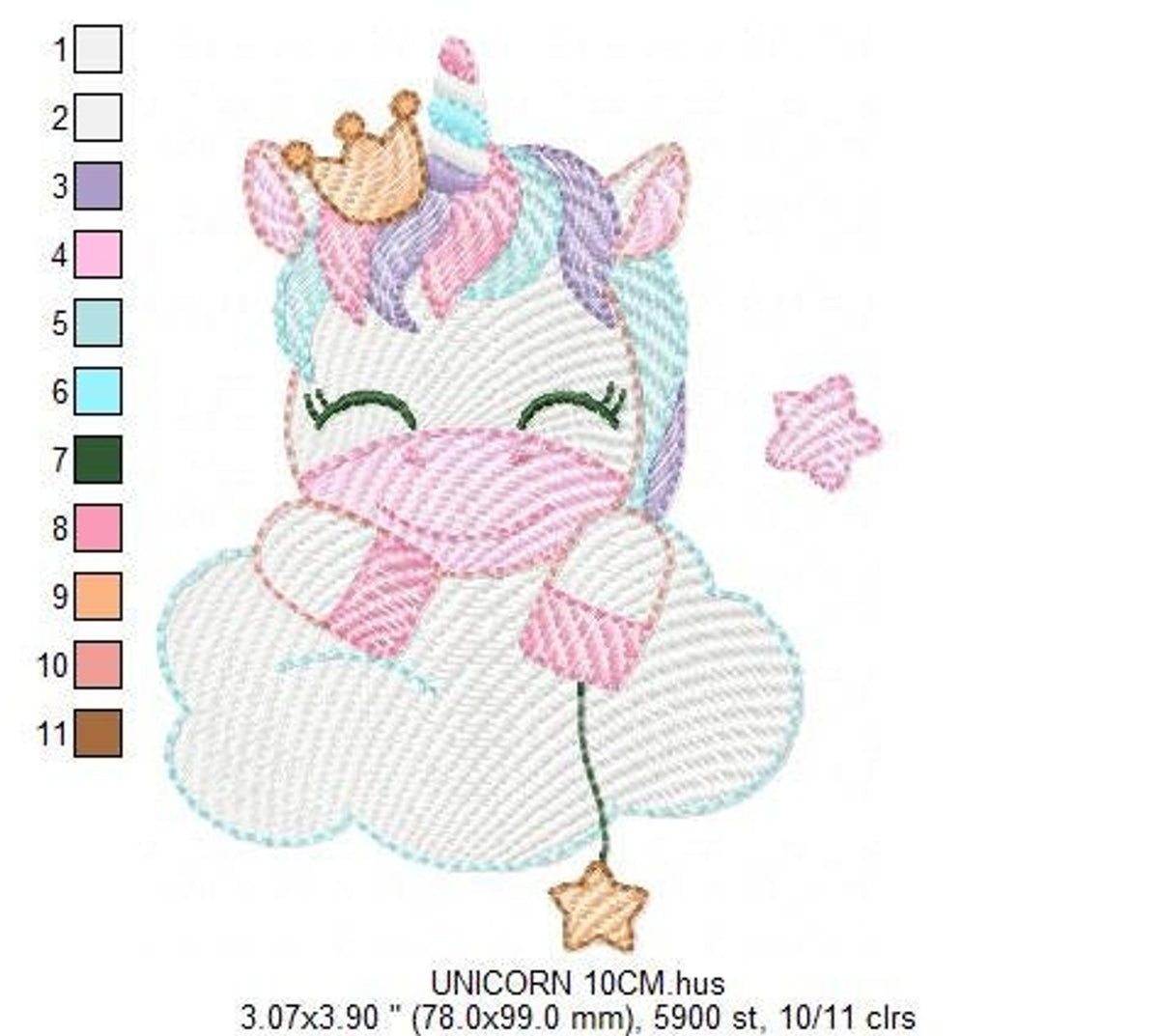 Unicorn baby embroidery design with numbered color chart at right, pastel mane and floating star beside cloud