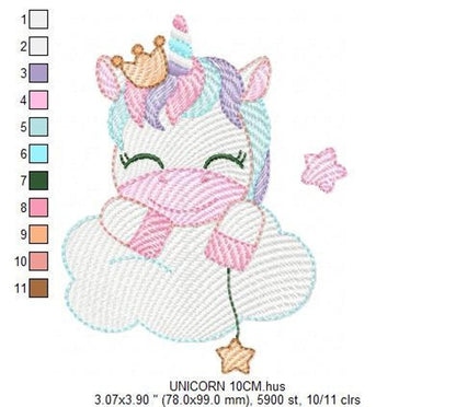 Unicorn baby embroidery design with numbered color chart at right, pastel mane and floating star beside cloud