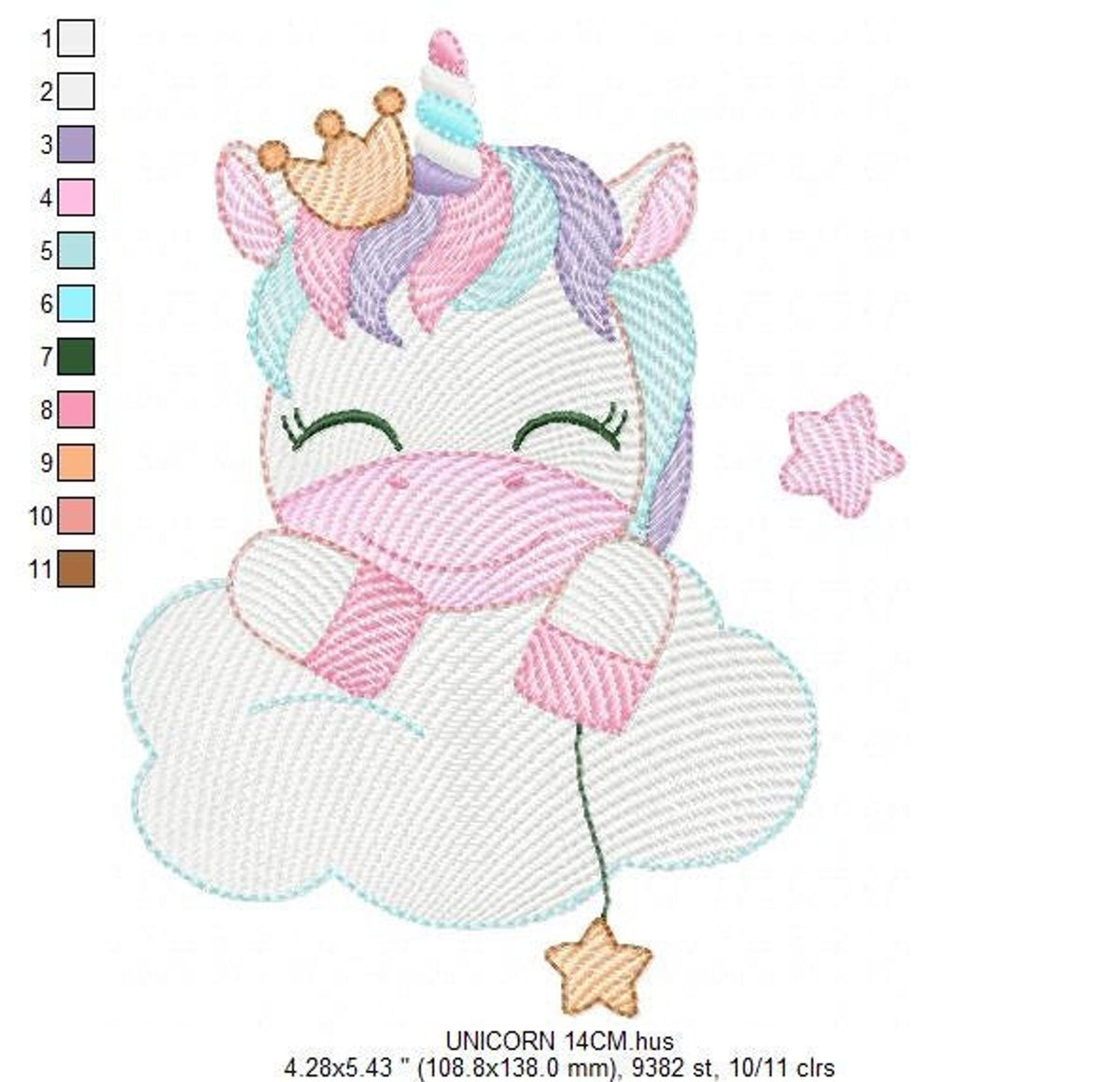 Medium preview, star balloon dangling by thread, baby girl unicorn embroidery with gold crown and pink scarf