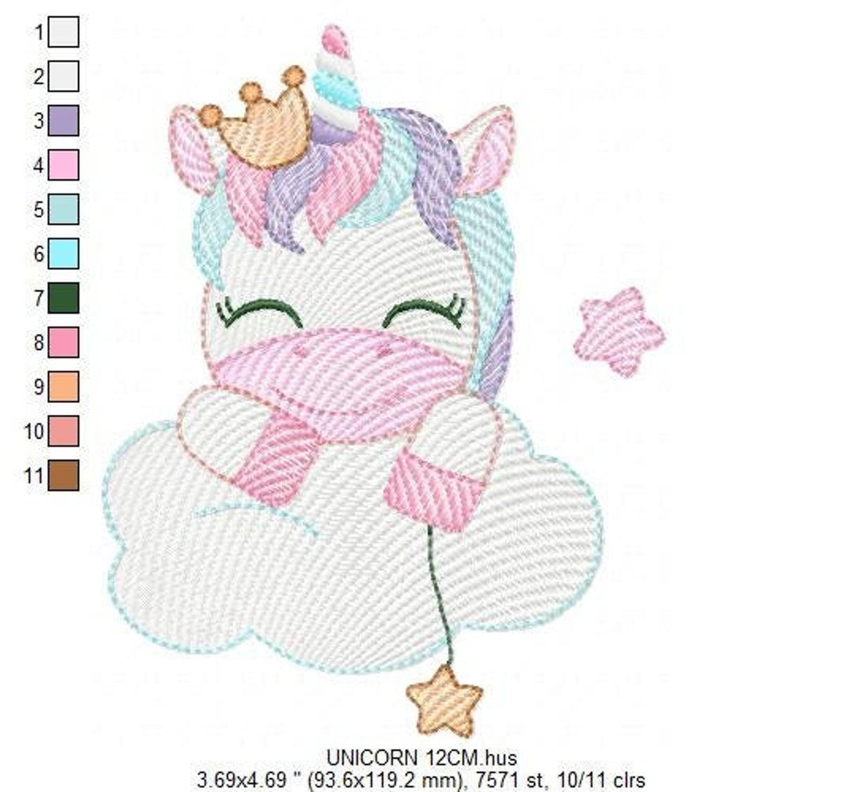 Larger stitch view showing cute unicorn embroidery pattern on cloud, soft pinks, purples, blues and star