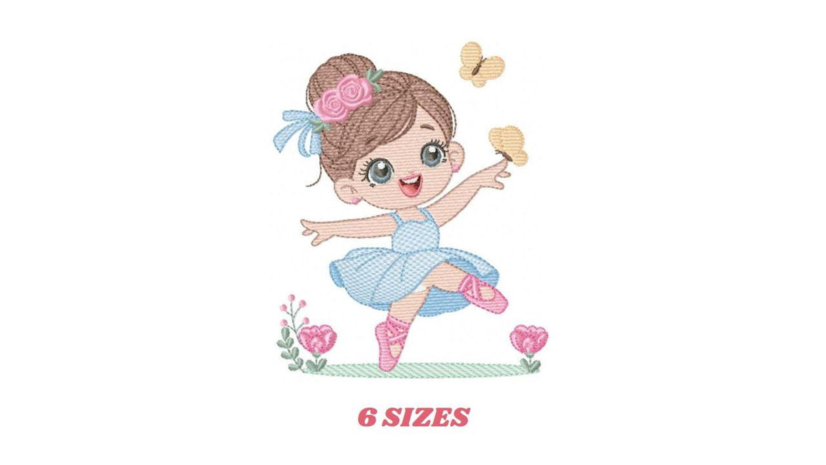 Tiny full preview of kawaii ballerina embroidery design in six sizes, girl in blue dress, pink slippers
