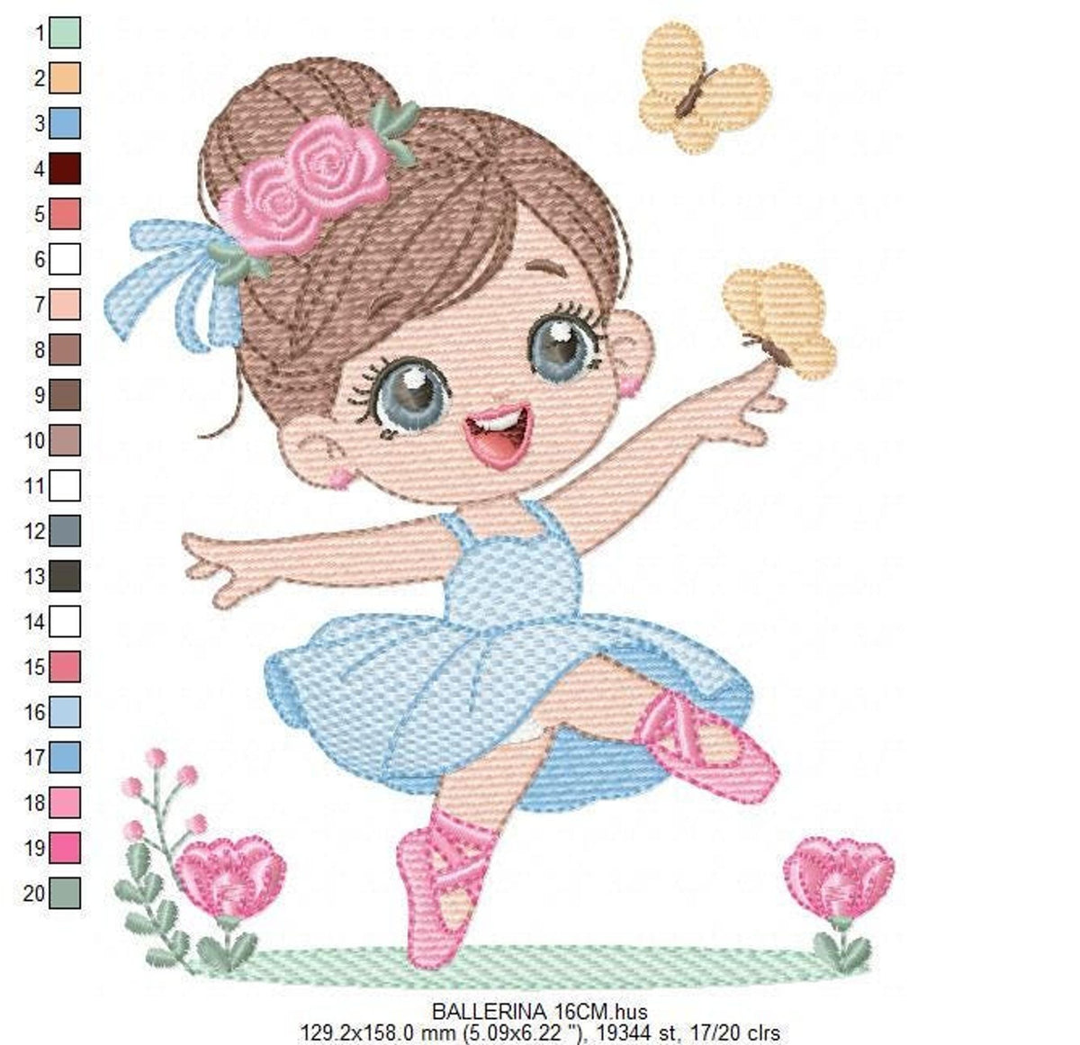 Large size preview of ballerina embroidery design, visible stitch details, floral accents and color bars