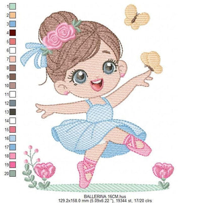 Large size preview of ballerina embroidery design, visible stitch details, floral accents and color bars