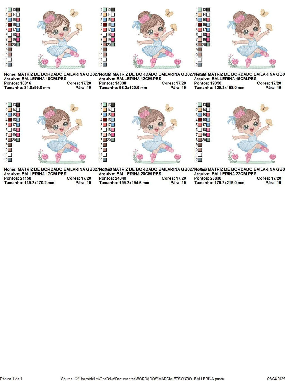 Thumbnails page showing all six sizes of the ballerina embroidery design, labeled for easy selection
