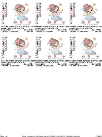 Thumbnails page showing all six sizes of the ballerina embroidery design, labeled for easy selection