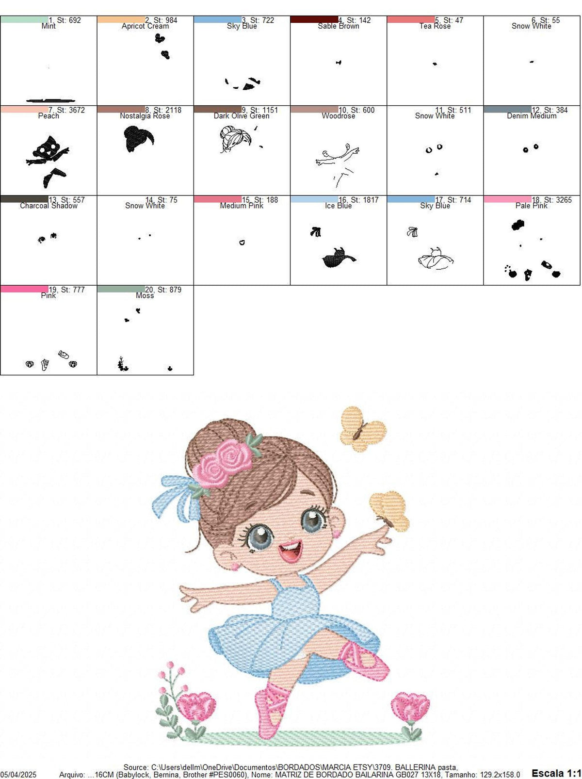 Stitch sequence grid for ballerina embroidery design, numbered steps and placement guides for machine use