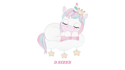 Small pastel sleeping unicorn embroidery design, baby unicorn on cloud with gold crown, two sizes labeled