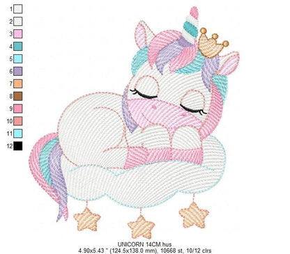Sleeping unicorn embroidery design with thread color chart and stitch palette, pastel pinks blues and purples shown