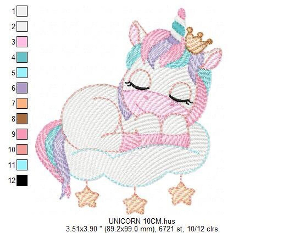 Medium preview of sleeping unicorn embroidery design with color legend at left, unicorn crown and cloud detail visible