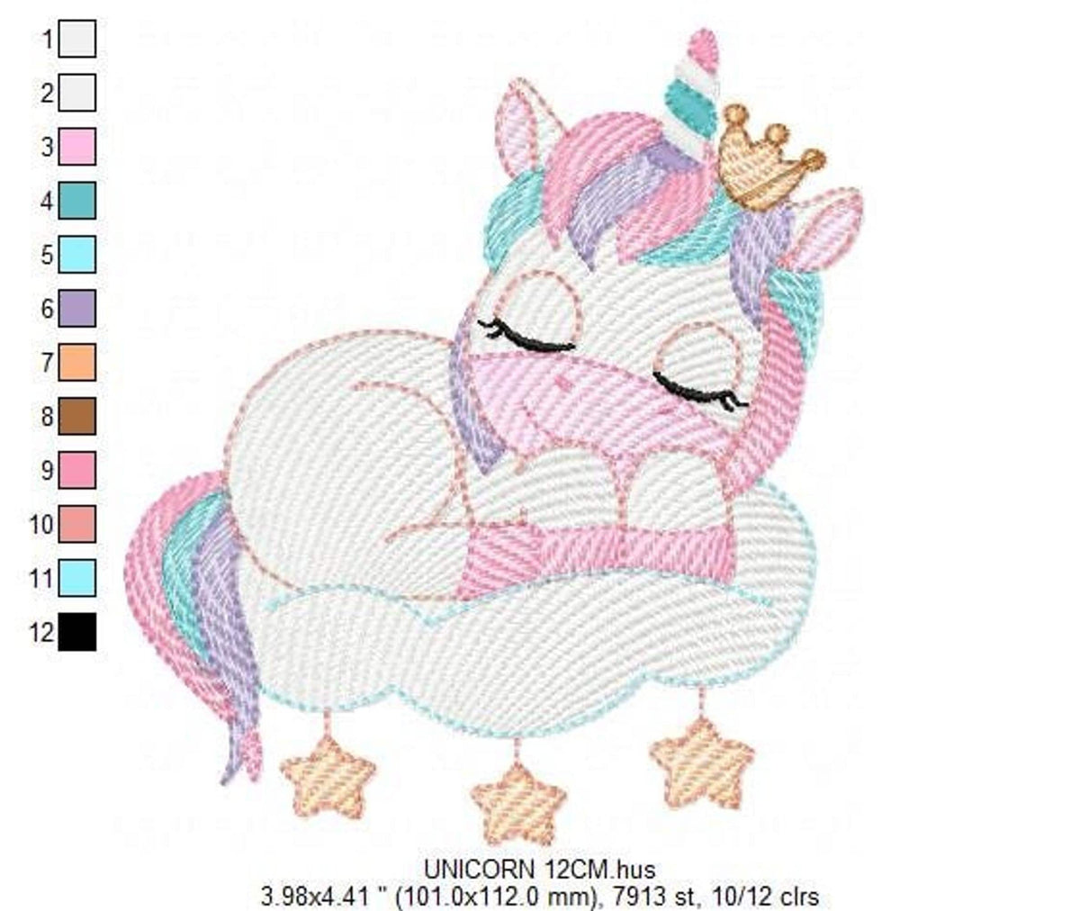 Large size sleeping unicorn embroidery design sample, clear stitch texture on cloud and tiny star appliques shown