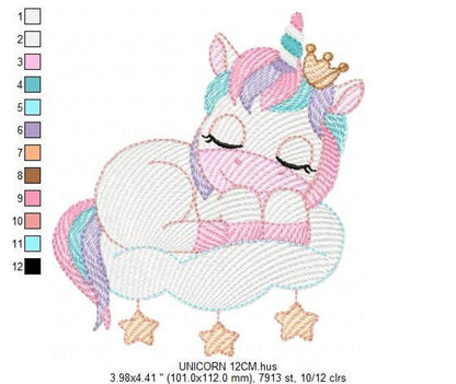 Large size sleeping unicorn embroidery design sample, clear stitch texture on cloud and tiny star appliques shown