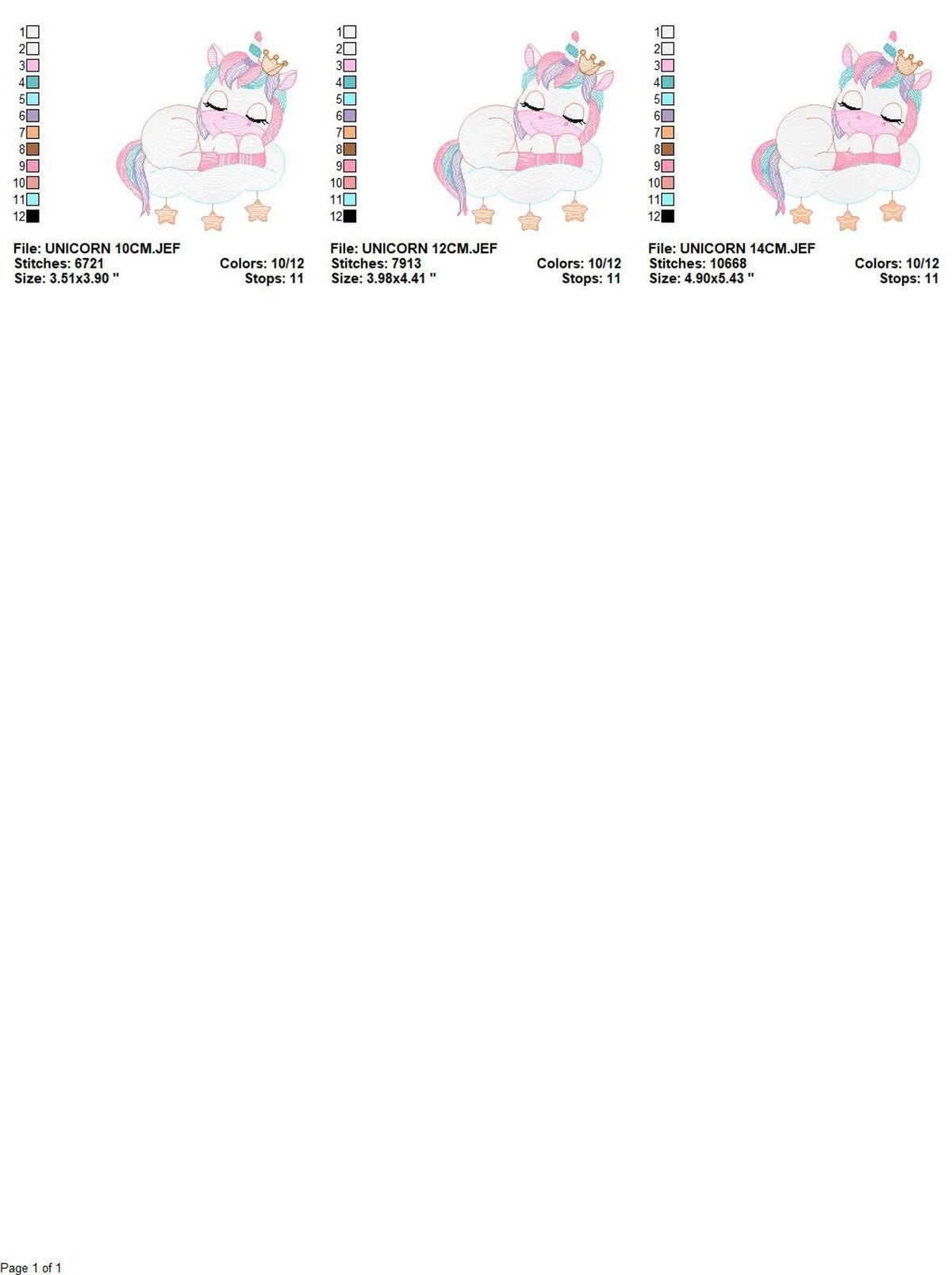 Three-size thumbnails of sleeping unicorn embroidery design, ideal unicorn applique for baby items and burp cloths