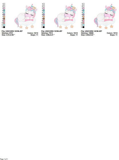 Three-size thumbnails of sleeping unicorn embroidery design, ideal unicorn applique for baby items and burp cloths