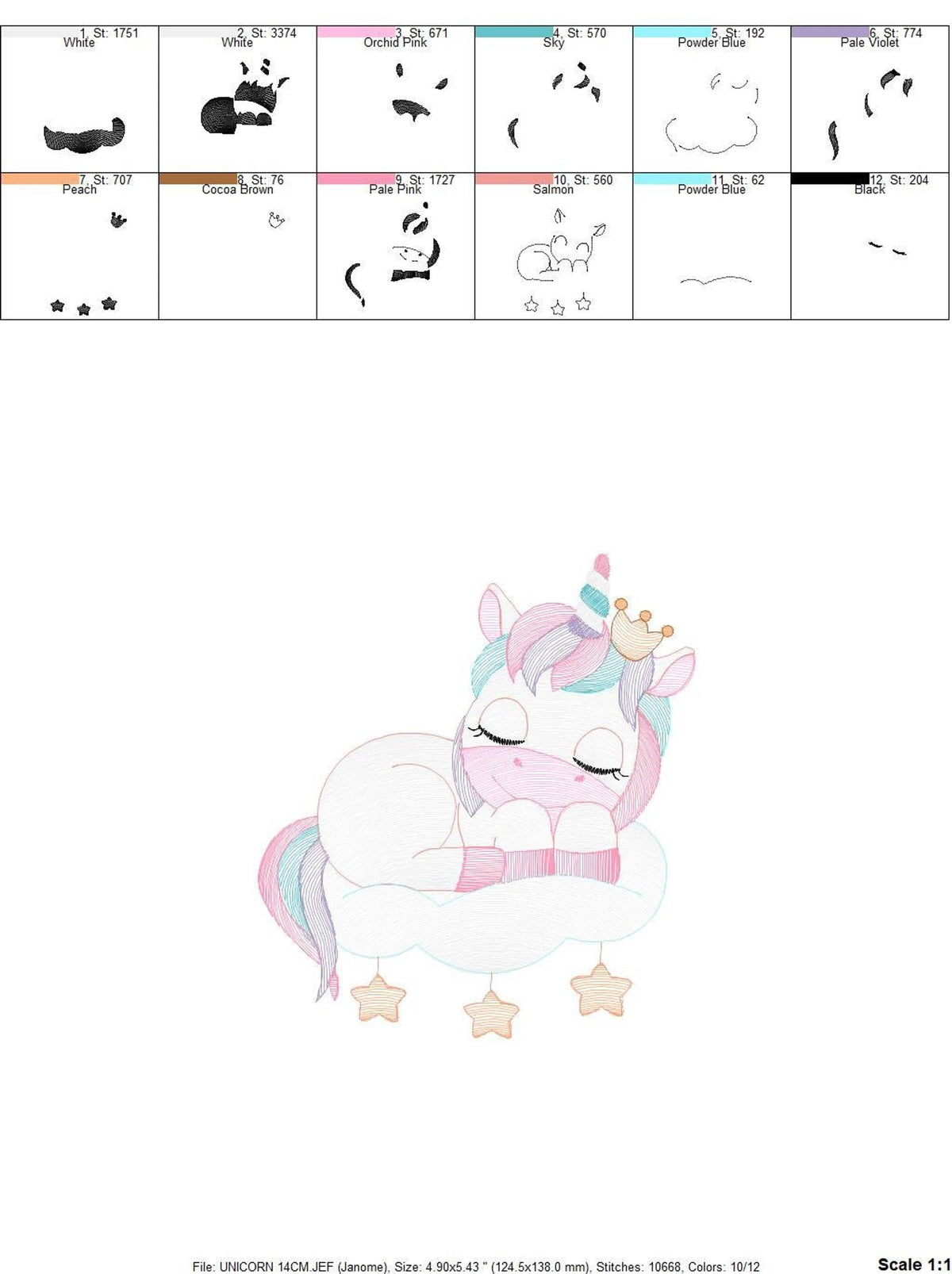 Color stop sequence and numbered layers for sleeping unicorn embroidery design, embroidery order for machine users