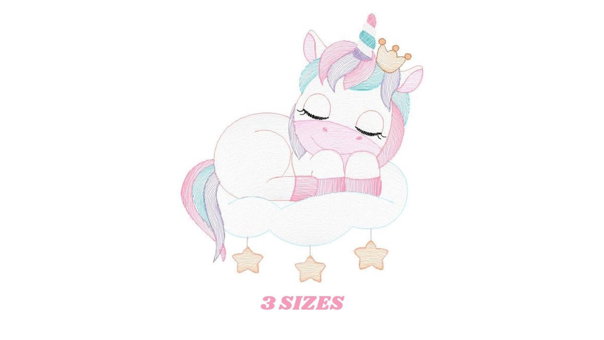 Small mockup sleeping unicorn embroidery design on white, whimsical nursery embroidery design, labeled two sizes