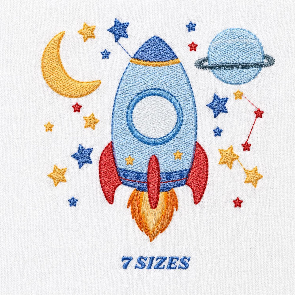 Close-up rippled filled rocket ship embroidery design on white, 7 sizes text visible