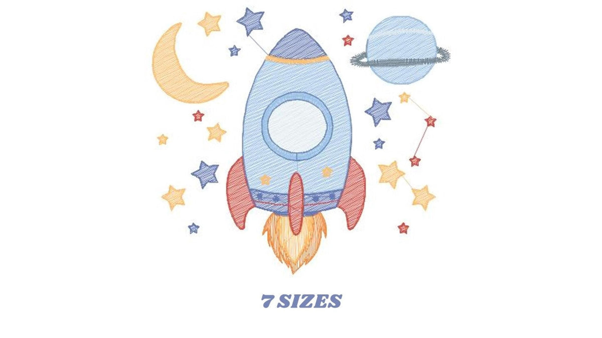 Small centered rocket ship embroidery design on white artboard, 7 sizes label beneath