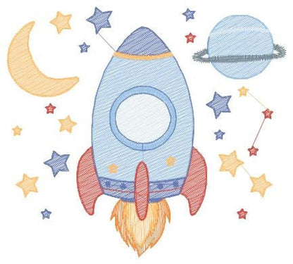 Tight crop on space rocket embroidery design, visible stitched texture, yellow stars and planet