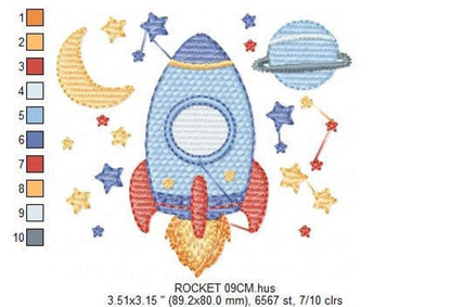 Design sheet showing color chart and stitch key for rocket ship machine embroidery, dimensions