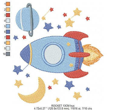 Horizontal side view of the rocket, playful rocket applique embroidery pattern, stars and flames