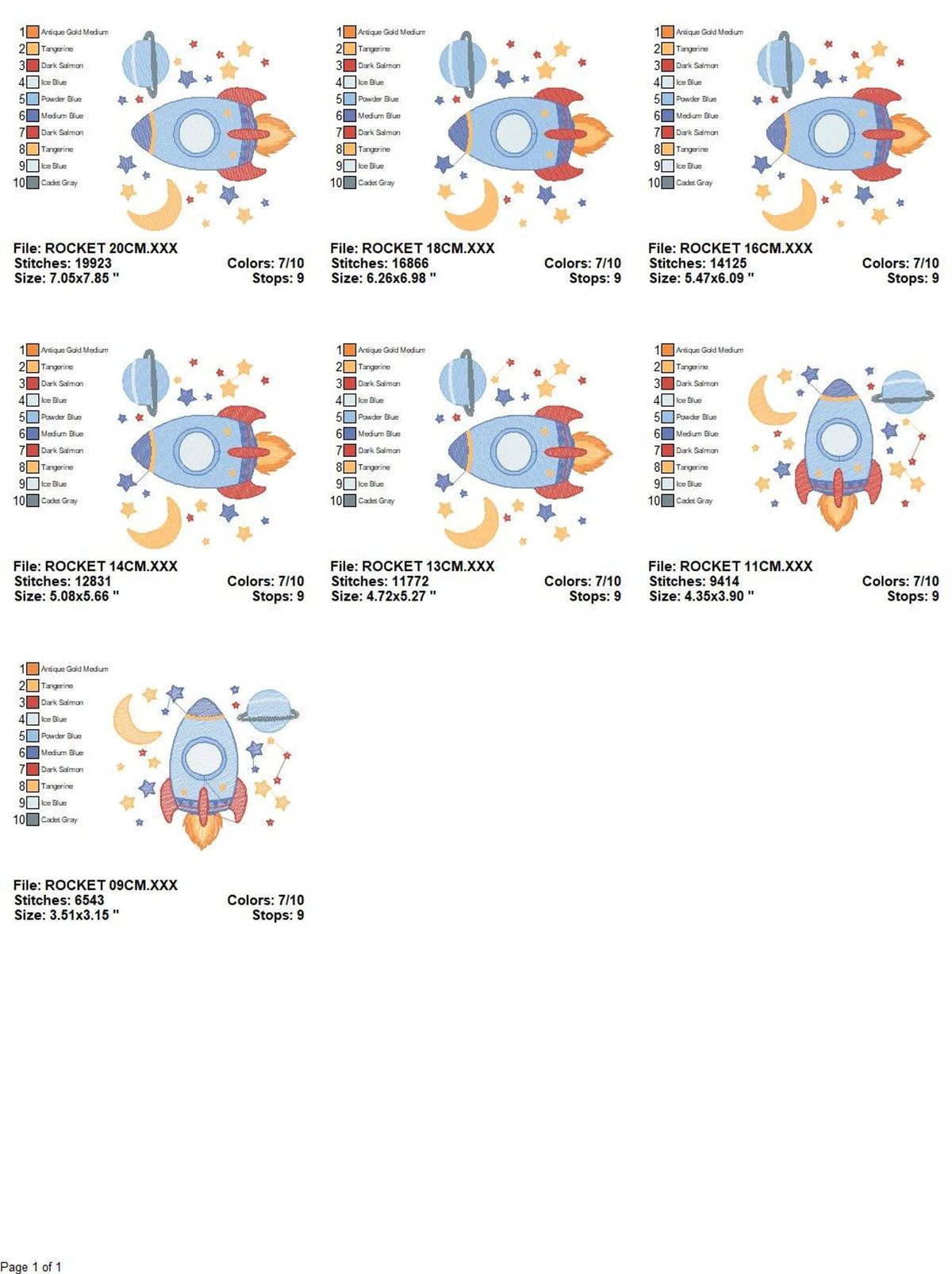 Grid of thumbnails showing all 7 sizes and layouts, instant digital rocket ship embroidery file