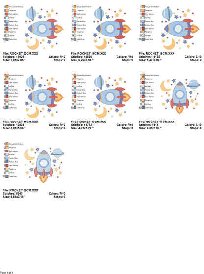 Grid of thumbnails showing all 7 sizes and layouts, instant digital rocket ship embroidery file