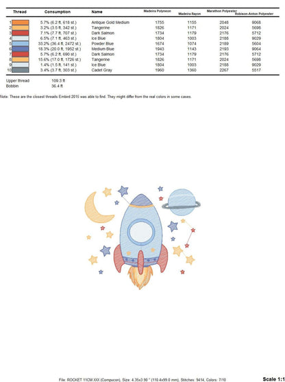 Chart listing stitch counts, sizes, and hoop dimensions for the rocket ship embroidery pattern