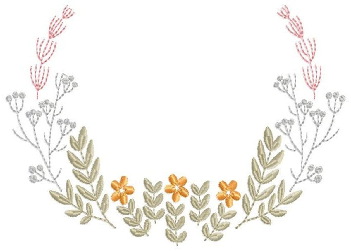 Overhead view of a delicate floral monogram frame embroidery design, looped stems, soft olive leaves and pale rosebuds
