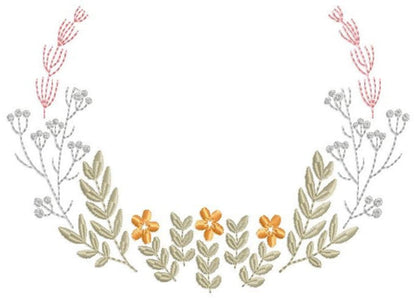 Overhead view of a delicate floral monogram frame embroidery design, looped stems, soft olive leaves and pale rosebuds