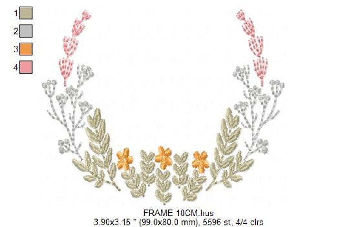 Wreath with color key and size notes, floral monogram frame embroidery design showing palette swatches and stitch colors