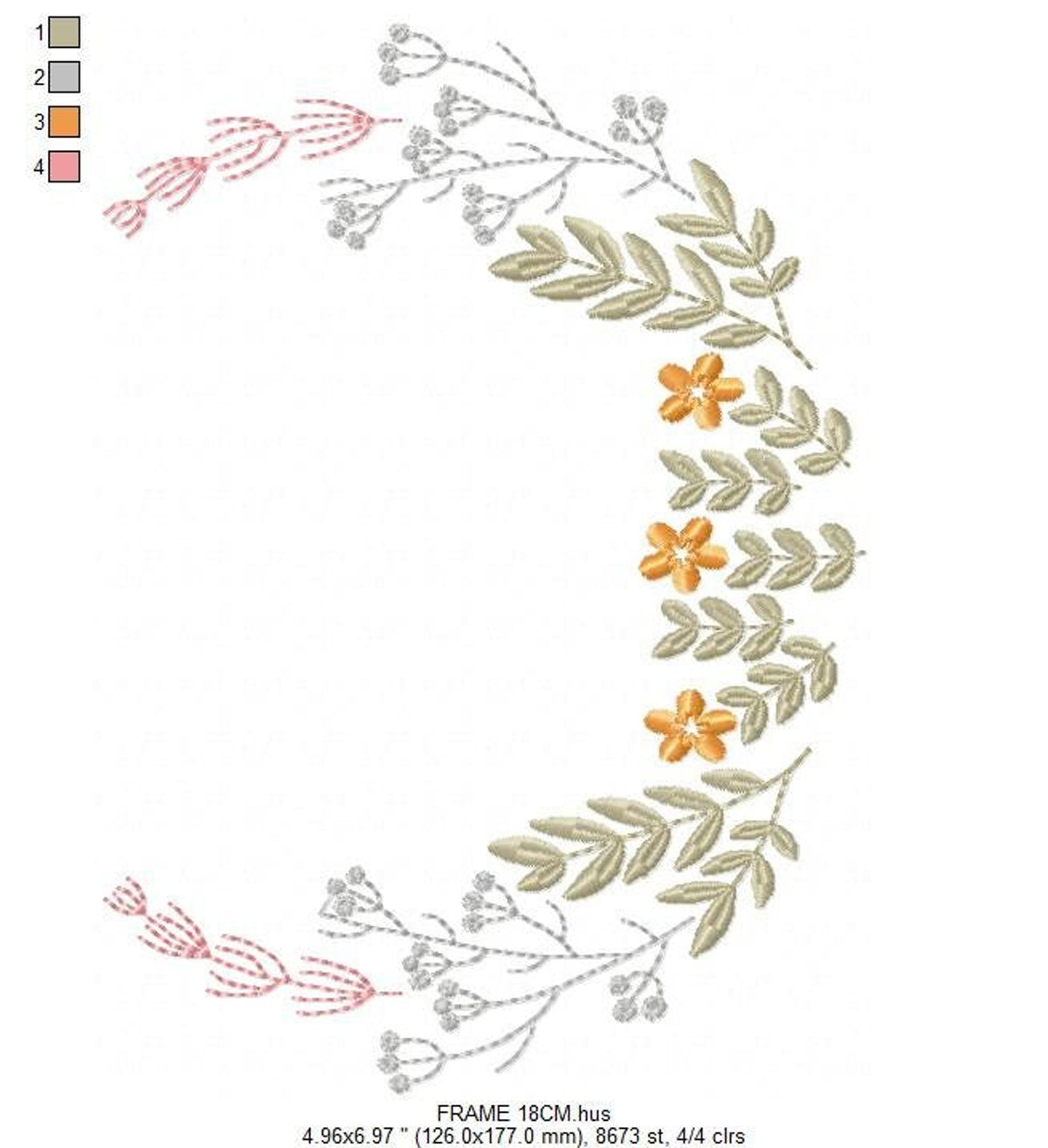 Vertical flower border sample, floral monogram frame embroidery design shown as a single side, fine leaves and small roses