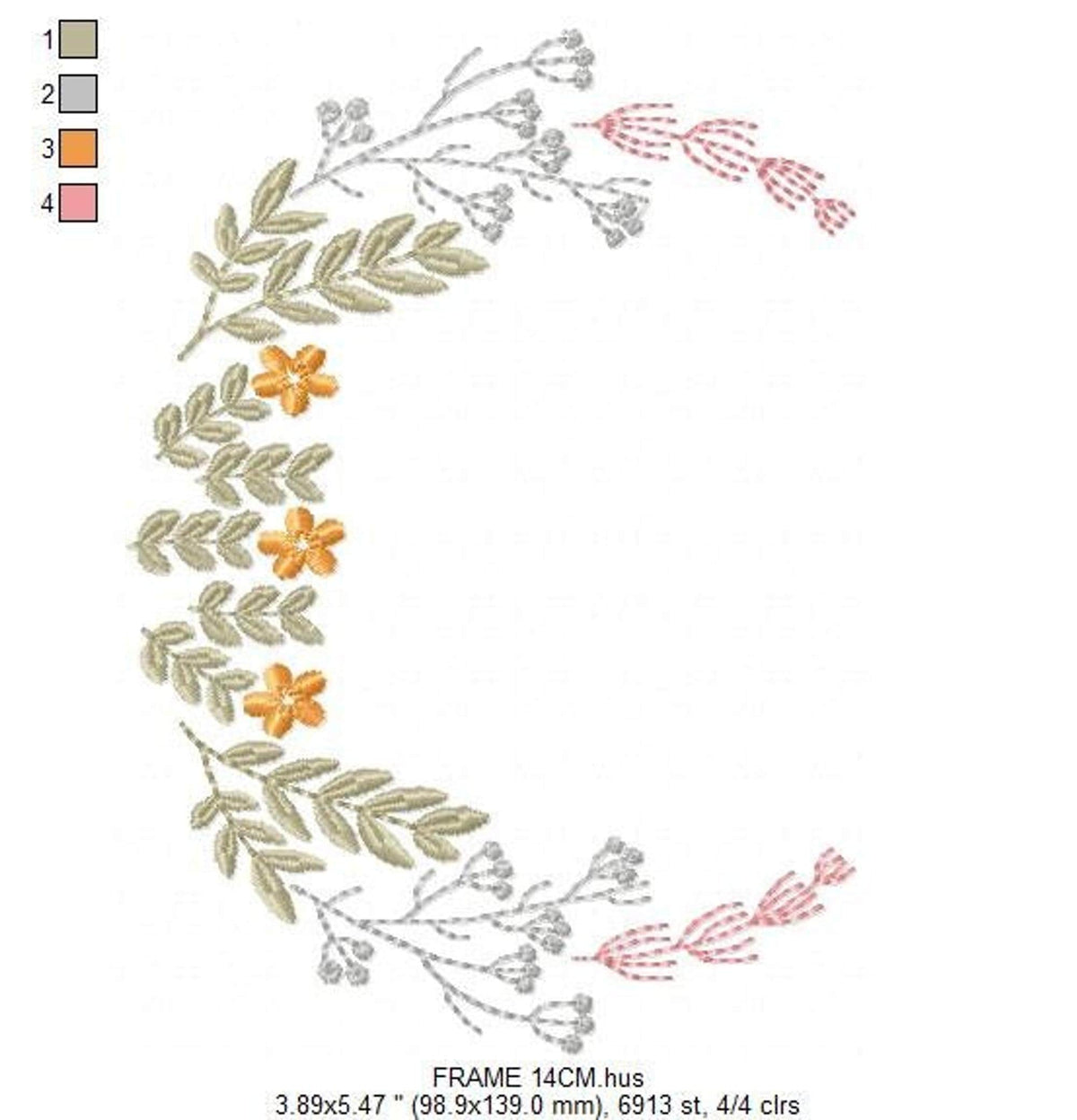 Mirrored vertical wreath side, monogram wreath machine embroidery sample with muted greens and tiny yellow roses