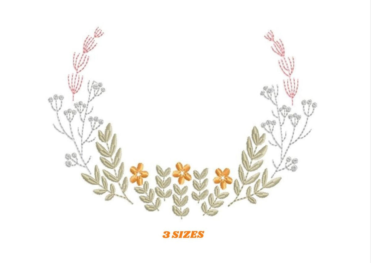 Full U-shaped roses and leaves variant, floral monogram frame embroidery design labeled for size options, soft pastels