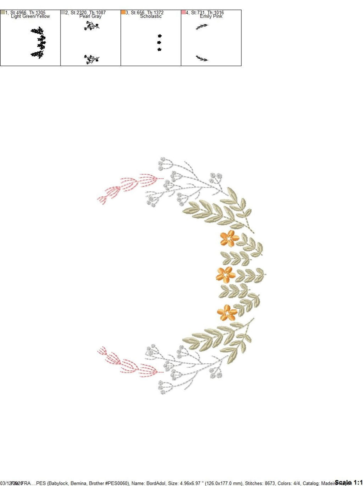 Stitch count and hoop size chart beside small wreath, floral monogram frame embroidery design format and file info