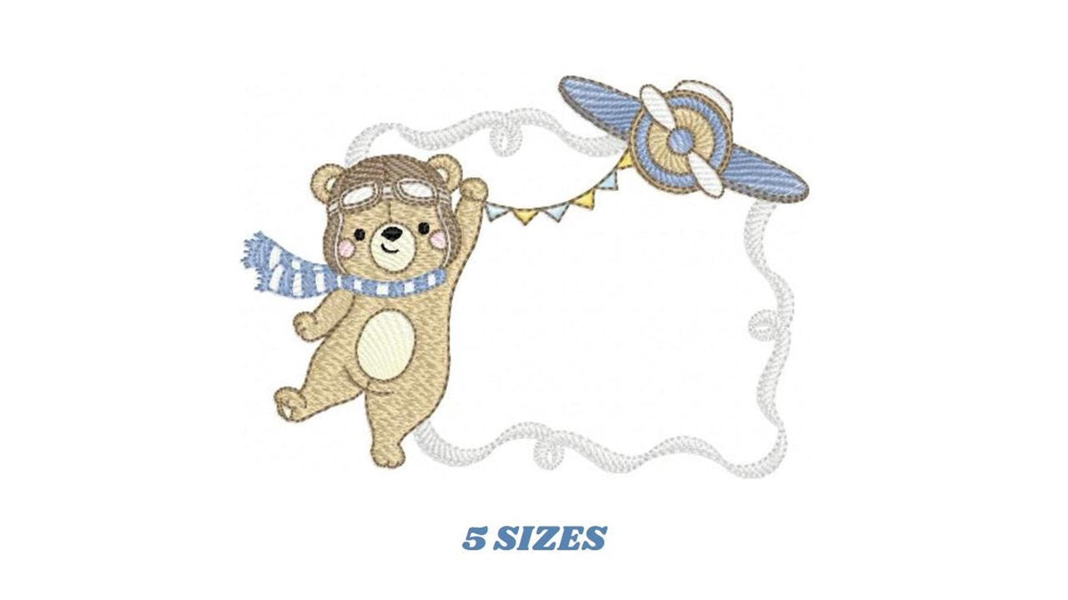 Small full view, pilot bear embroidery design with vintage airplane, rippled frame, blue scarf, 5 sizes
