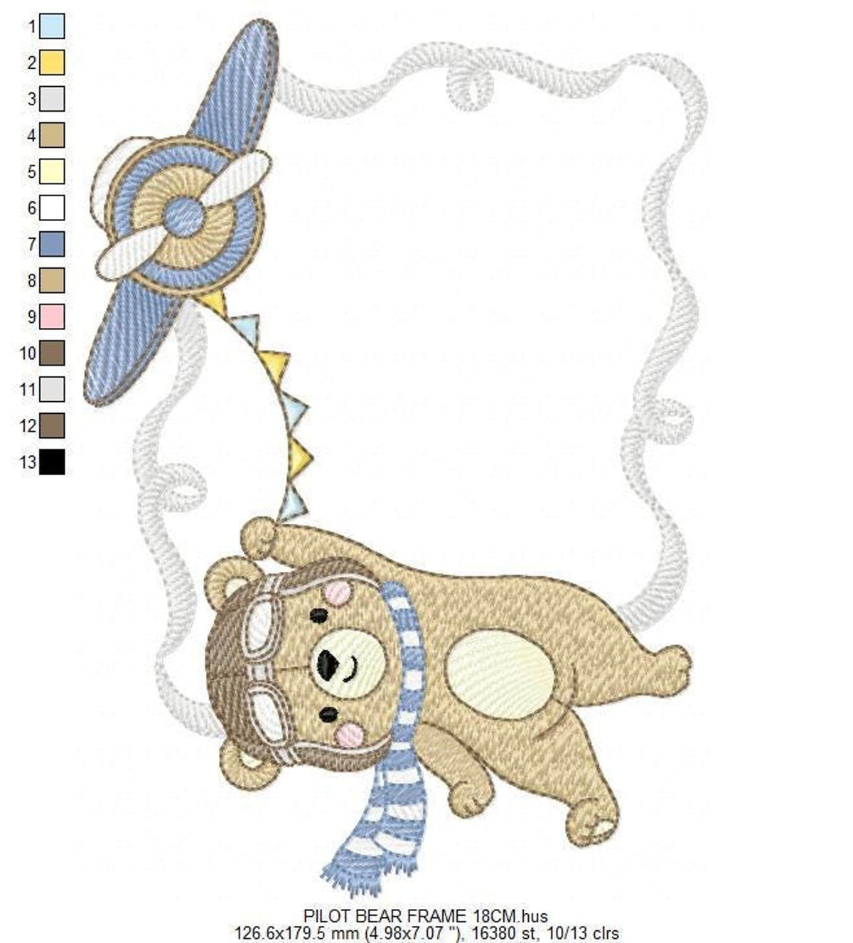 Detailed stitch sequence preview for pilot bear frame embroidery, focused bear and plane placement in frame
