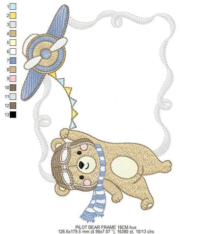 Detailed stitch sequence preview for pilot bear frame embroidery, focused bear and plane placement in frame