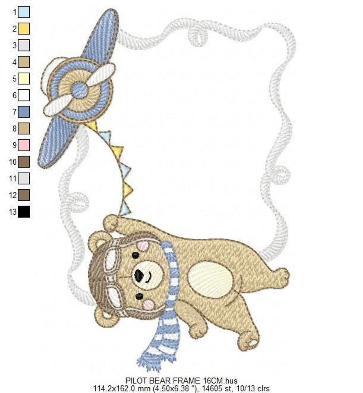 Preview showing multiple hoop sizes for cute bear machine embroidery pattern, plane, banner and rippled border