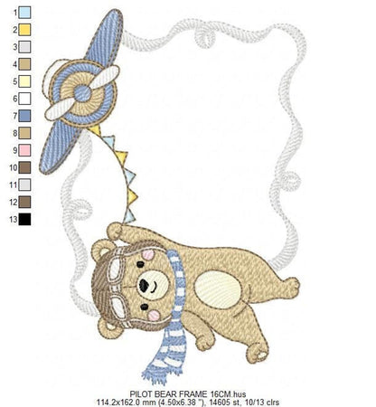 Preview showing multiple hoop sizes for cute bear machine embroidery pattern, plane, banner and rippled border