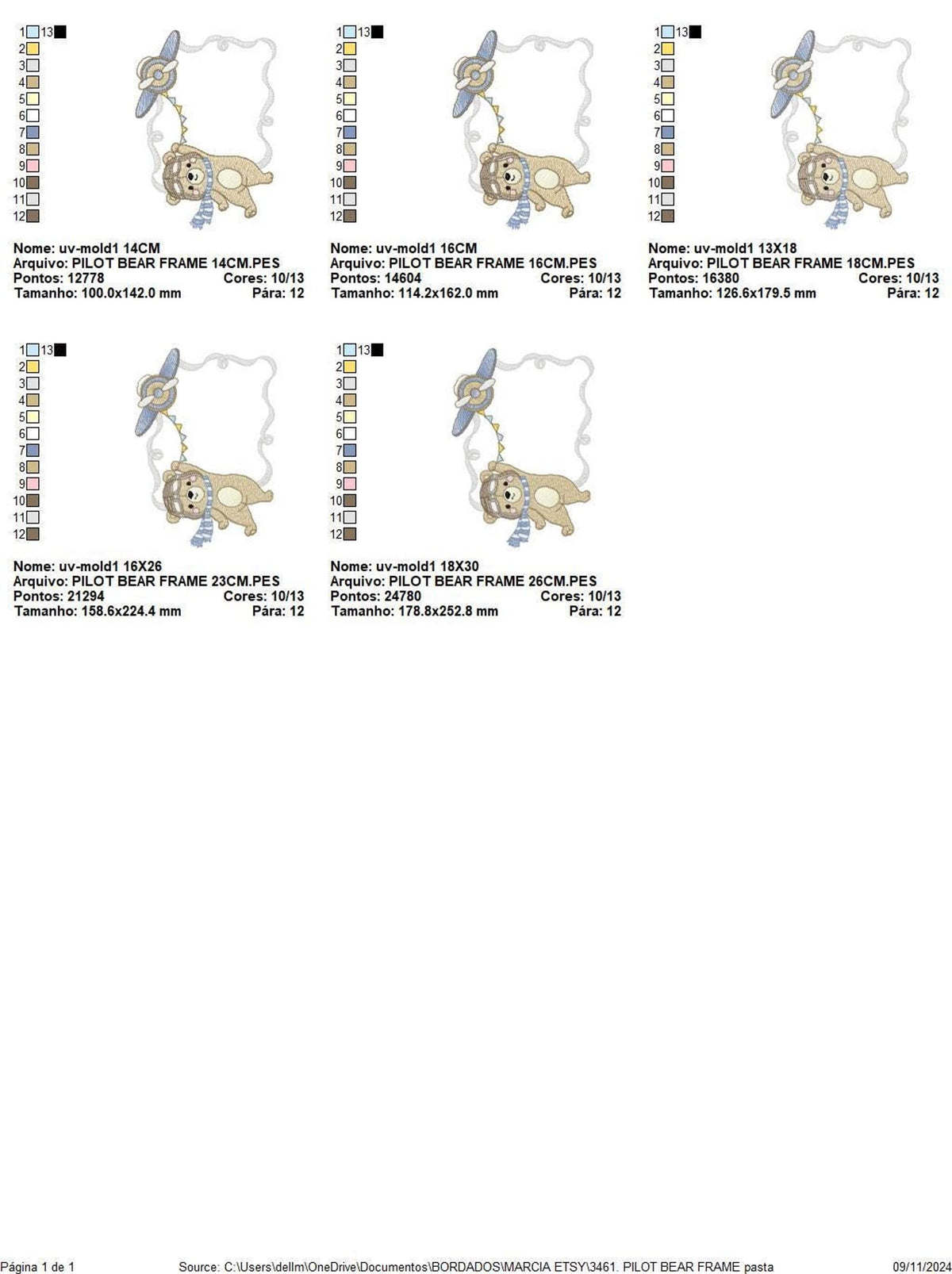 Layout sheet with ITH pilot bear applique design steps, four thumbnail placements showing hooping and assembly